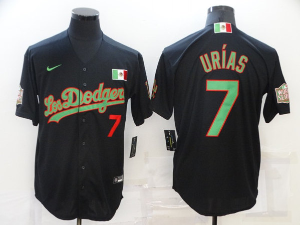 Men's Los Angeles Dodgers #7 Julio Urias Black/Green Cool Base Stitched Baseball Jersey
